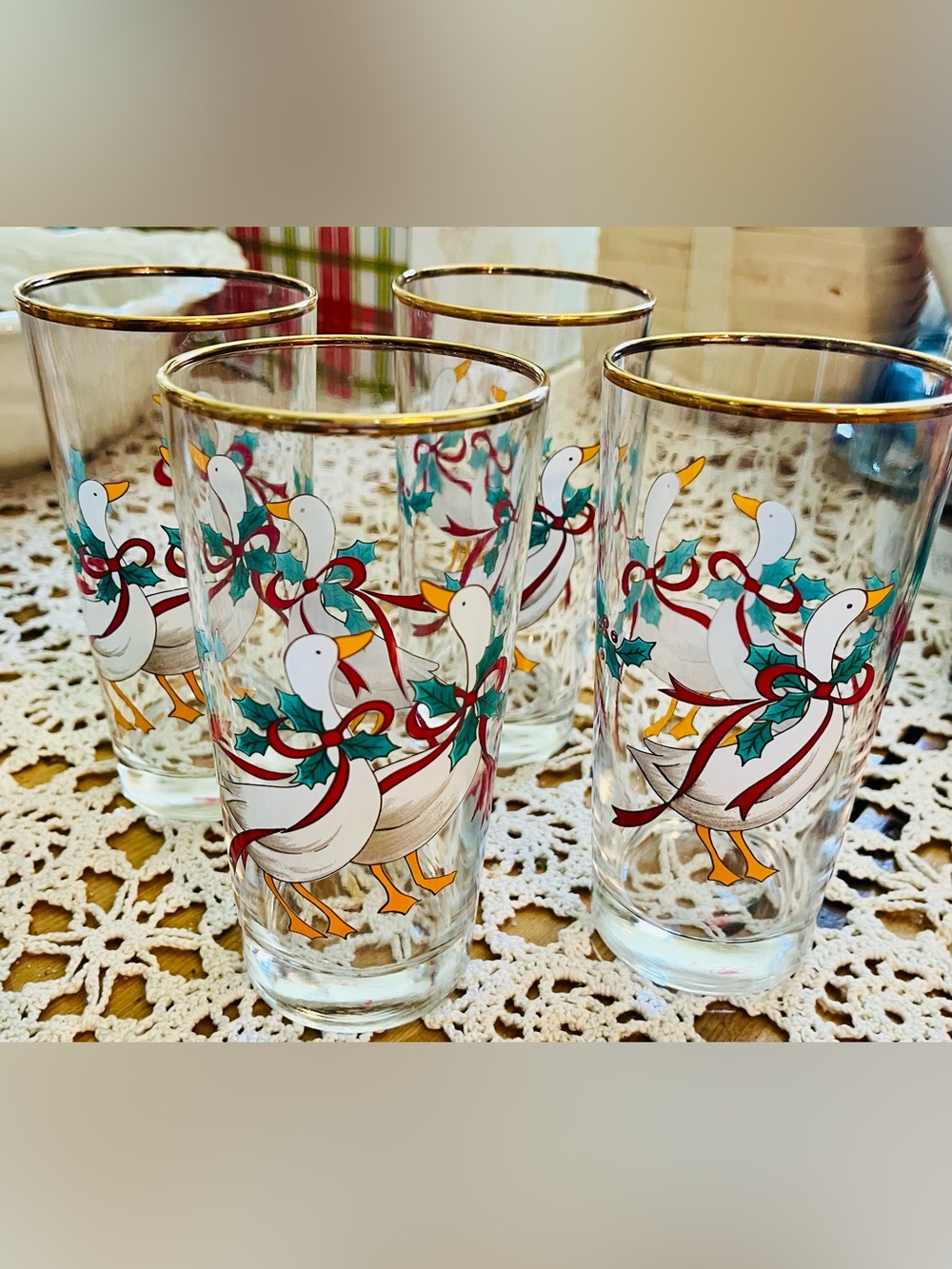 Vintage Mikasa Holiday Goose Highball Glasses with Gold Rim - Set of 4